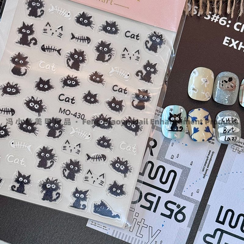 

Line Gradient Semi-Transparent Black White Ribbon Bowknot Fried Fur Black Cat Cute Kitten with Adhesive Tape Nail Sticker 430 Fried Cat