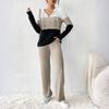 Women's Loose And Comfortable Hooded Drawstring Zipper Color Blocked Casual Fashion Top Solid Color Pants Set