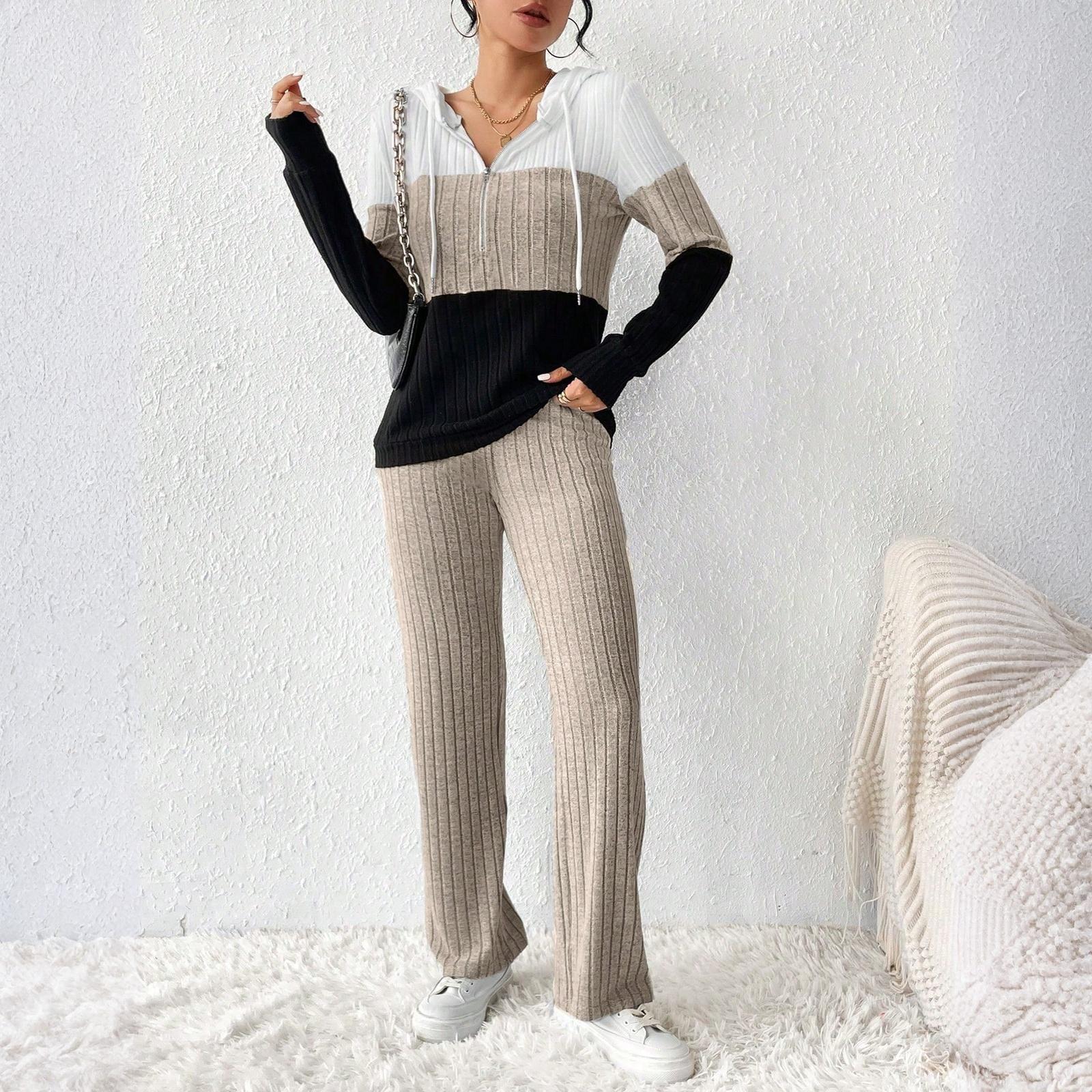 

Женский свободный и удобный худи на шнурке с молнией, с цветными блоками, повседневный модный топ, однотонный комплект брюк S чёрный