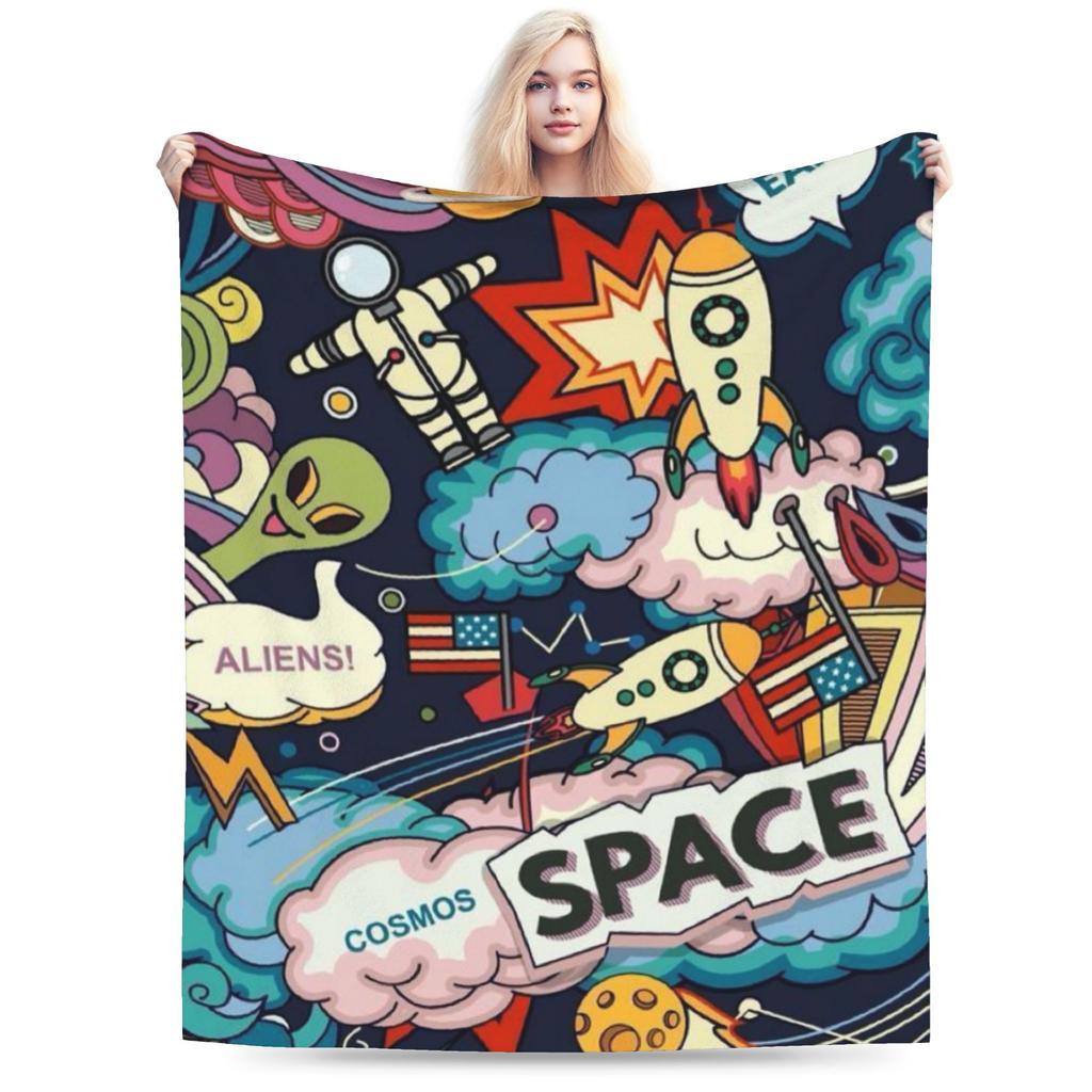 Warm Soft Blankets Children Travel Space Planets Rockets  Bedding Throws  Flannel Bedspread For Bedroom Street Trend Sofa Bed