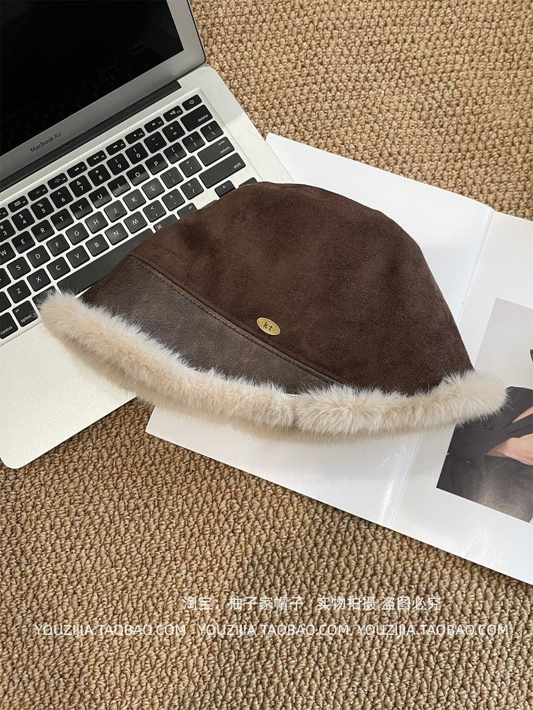 Autumn and winter suede plush warm face small bucket hat woman