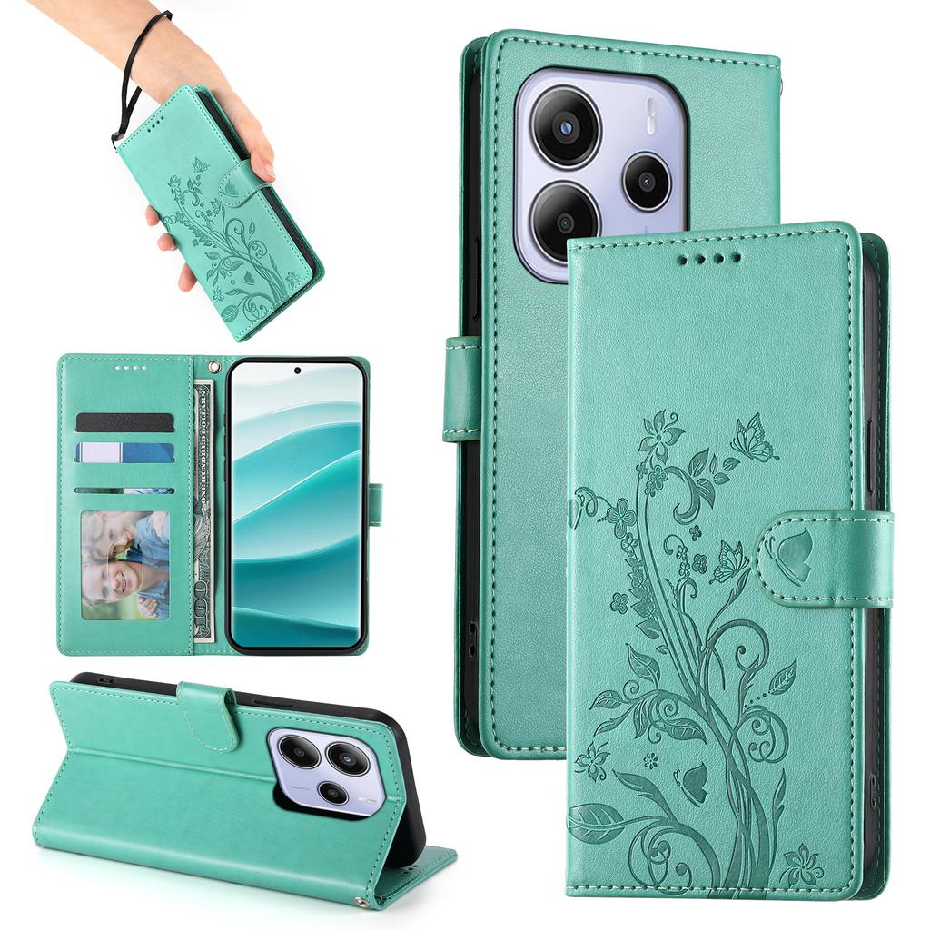 For Xiaomi Redmi Note 14 4G (163.25mm) Wallet Case Butterfly Floral Imprint PU Leather Phone Cover with Wrist Strap