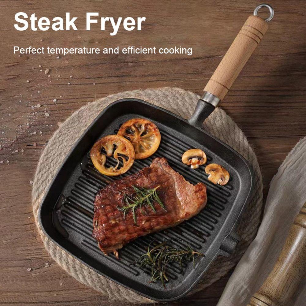 Sartén de Hierro Fundido para Bistec Mango de Madera Olla para Freír Bistec Sartén Antiadherente Premium Interior