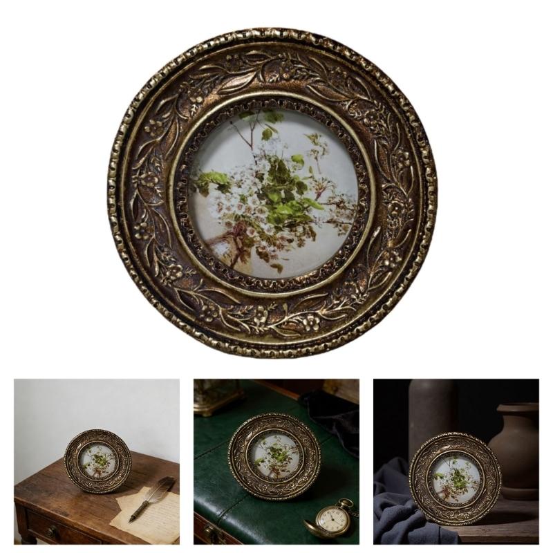 Elegant Resin Circular Picture Frame Antique Design Bronze Carving Photo Frame For Home Decoration And Tabletop Display