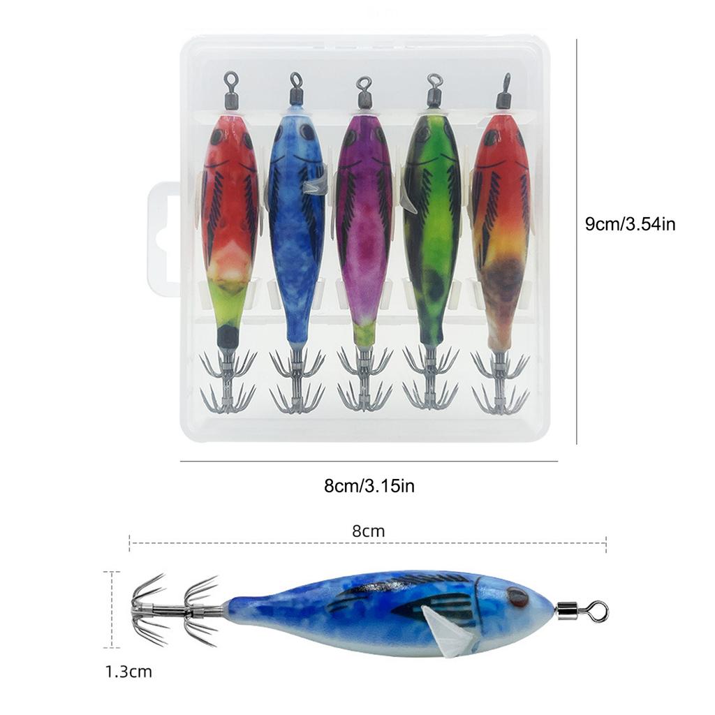 5Pcs 8cm Luminous Squid Jig Hook Fishing Lure Wood Shrimp Cuttlefish Hard Bait Artificial Fake Octopus Lures for Night Fishing