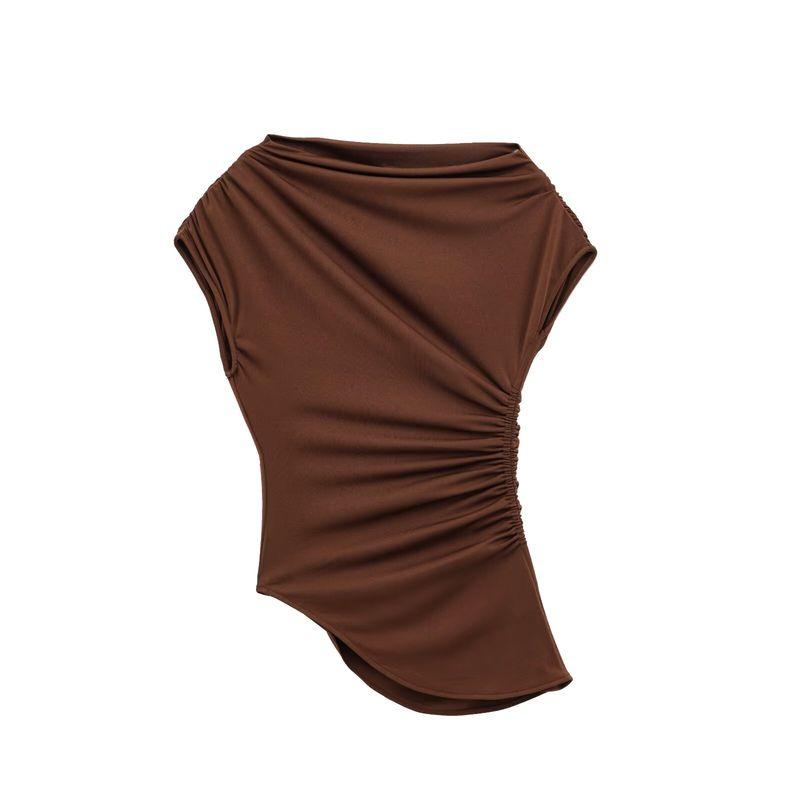 Kaslead New Arrival Women's Clothing Fashion Style Fashion Ruched Asymmetric Boat Neck Basic Tops 5644768