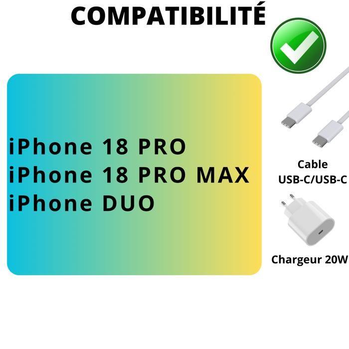 Chargeur Rapide 20W + Cable USB-C USB-C 1 mètre pour iPhone 18 PRO/iPhone 18 PRO MAX/iPhone DUO - Phonillico®