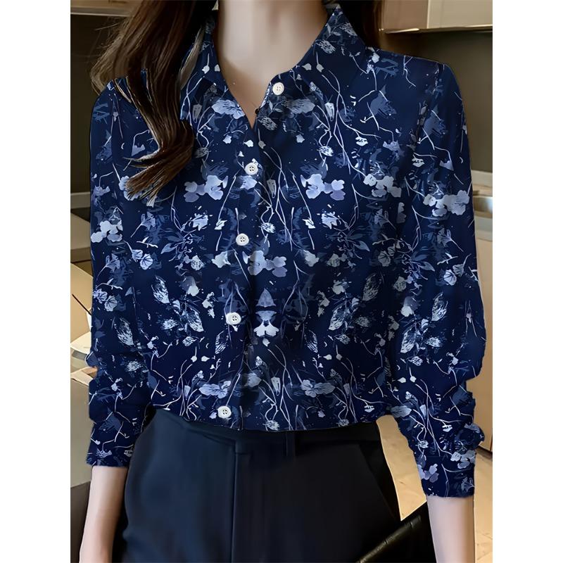 Dames Revers Lange Mouwen Shirt Dames Elegant Ontwerp Losse Pasvorm Bloemenpatroon Bedrukt Shirt Dagelijkse Casual Kantoor Tops