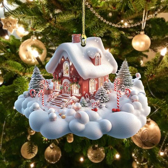 Snow Village House Ornament Rustic Log Cabin Hanging Ornament 2D Acrylic Cottage with Snow Scene for Winter Wonderland Xmas Tree Decor