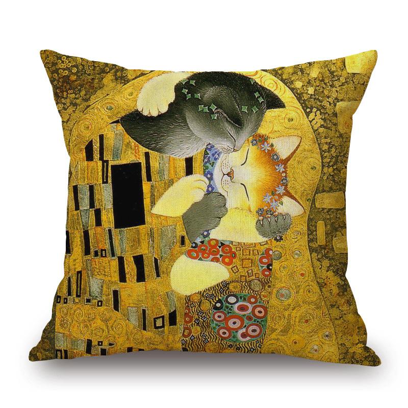 Lovely Cute Cartoon Klimt Style Cat Cushion Cover Bedroom Decorative Sofa Throw Pillow Case