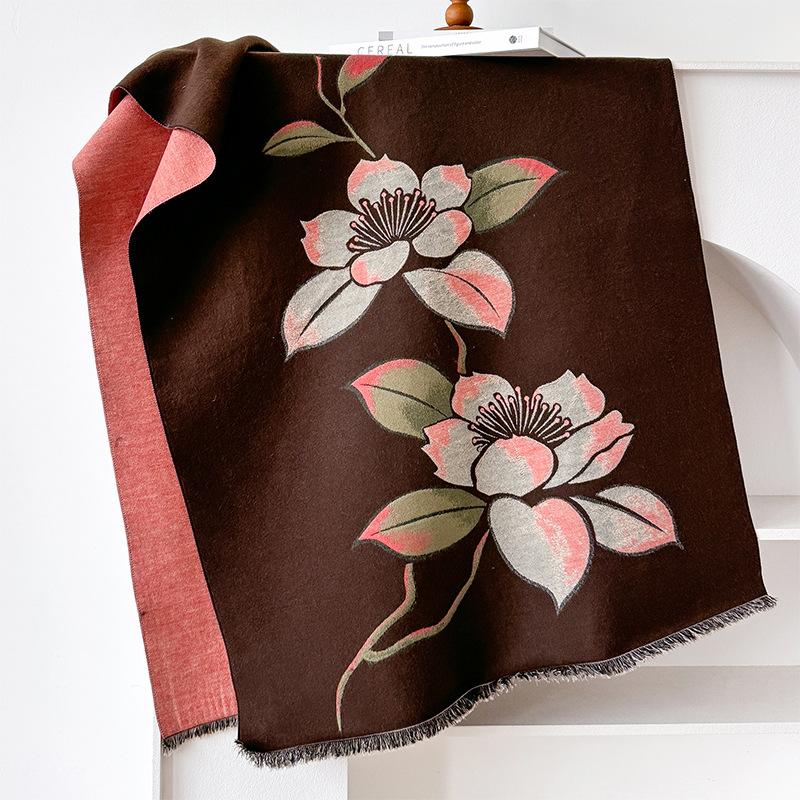 

Девичий стиль простой шарф-палантин с камелией Мори контрастных цветов двусторонний из имитации кашемира зимний 180cm коричневый