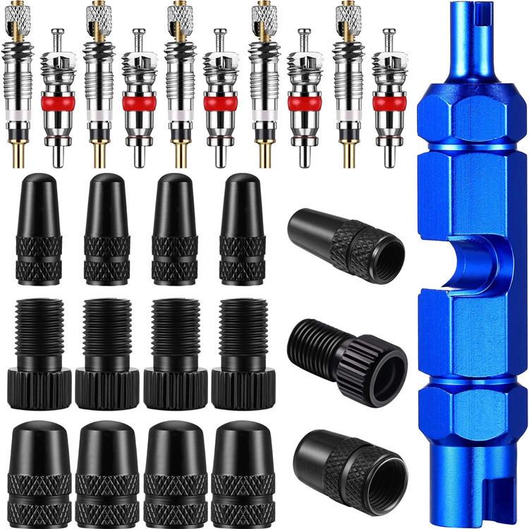 Tire Valve Core Tool Kit: 26-Piece Set with American/French Adapters, Valve Caps, and Bike Pump Accessories