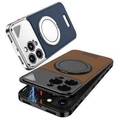 Magnetic 360° Rotating Stand Phone Case For Iphone 14 15 13 Pro Max Metal Leather Snap Buckle Four Corner Anti-fall Phone Case