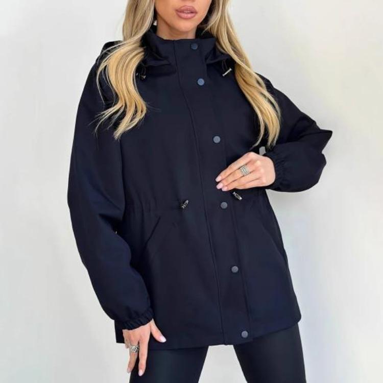 Lightweight Windbreaker Jacket for Women Zip Up Hoodie with Snap Buttons Waist Drawstring Windproof Outwear