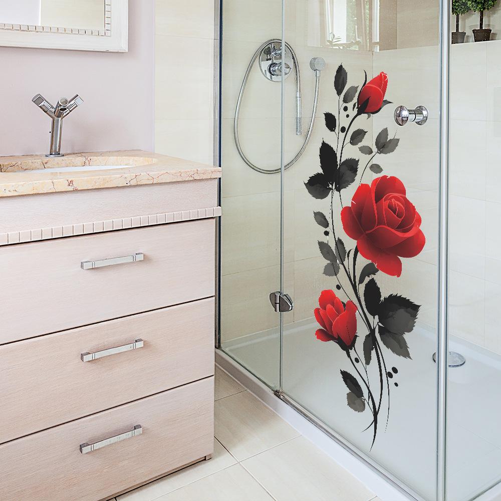 Painted Red Roses and Black Leaves, Bathroom and Home Wall Decoration Stickers