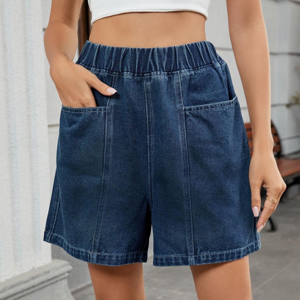 Women's Elastic Waist Wide Leg Short Denim Shorts Loose Fit Casual Three Quarter Denim Bottoms