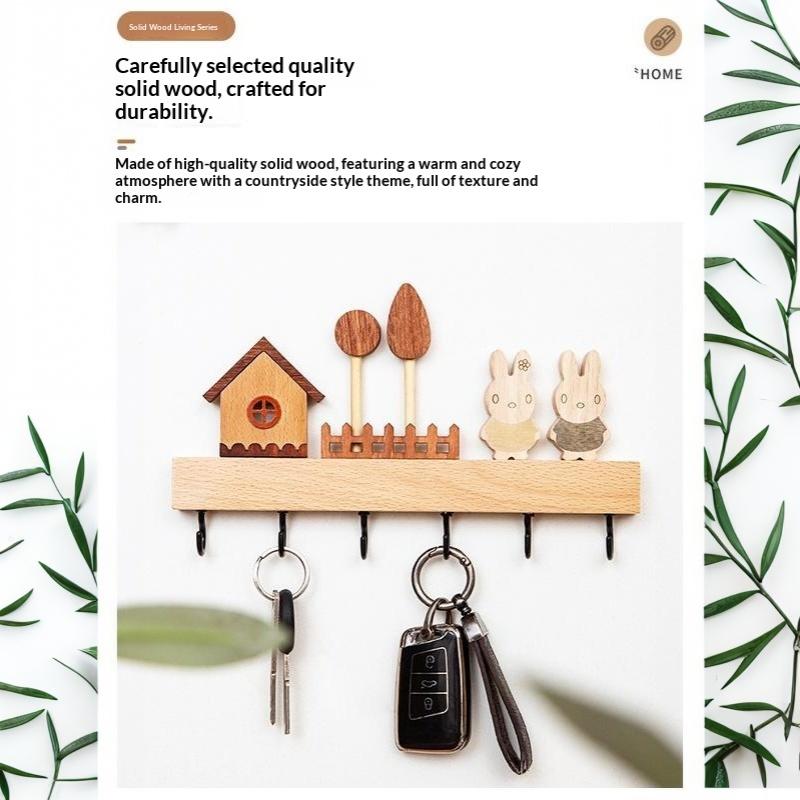 Nordic Style Solid Wood Key Hook Rack Punch Free Wall Mount Holds Keys Coats Towels for Bedroom Entryway Decor