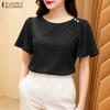 ZANZEA Women Casual Round Neck Summer Short Sleeve Plain Blouse