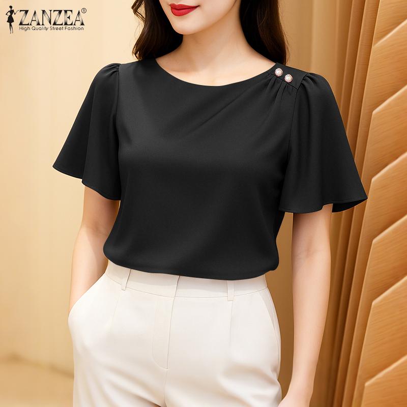 ZANZEA Women Casual Round Neck Summer Short Sleeve Plain Blouse