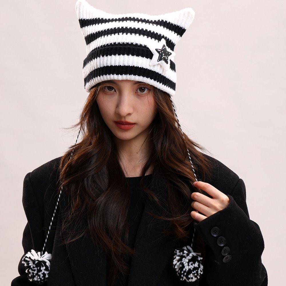 Star Cat's Ears Knitted Hat Y2K Woolen Hat Casual Slouchy Knitted Beanies  Outdoor