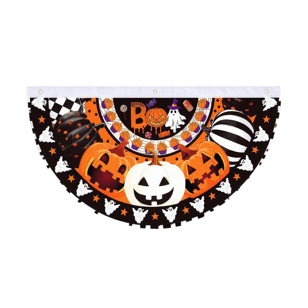 Halloween Semi Circle Banner Decoration with Pumpkin Ghost and Candy Print Suitable for Indoor Outdoor Party Hanging