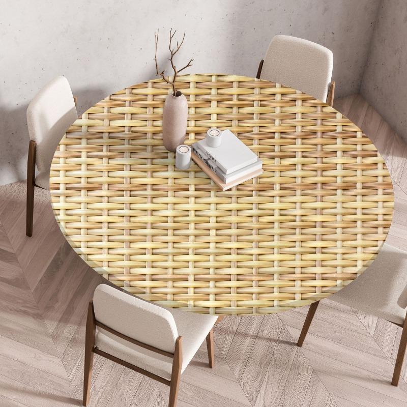 Wooden Patterns Round Table Cover Waterproof Oilproof Stain-Resistant Print Elastic Tablecloth for Kitchen Home Dustproof Decor