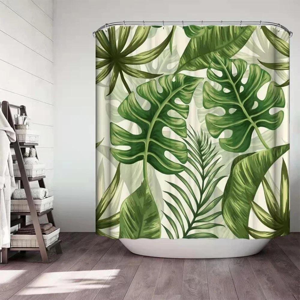 Tropical Plants Floral Shower Curtains Beige Green Palm Leaves Flowers Nordic Decor Bathroom Polyester Bath Curtain with Hooks