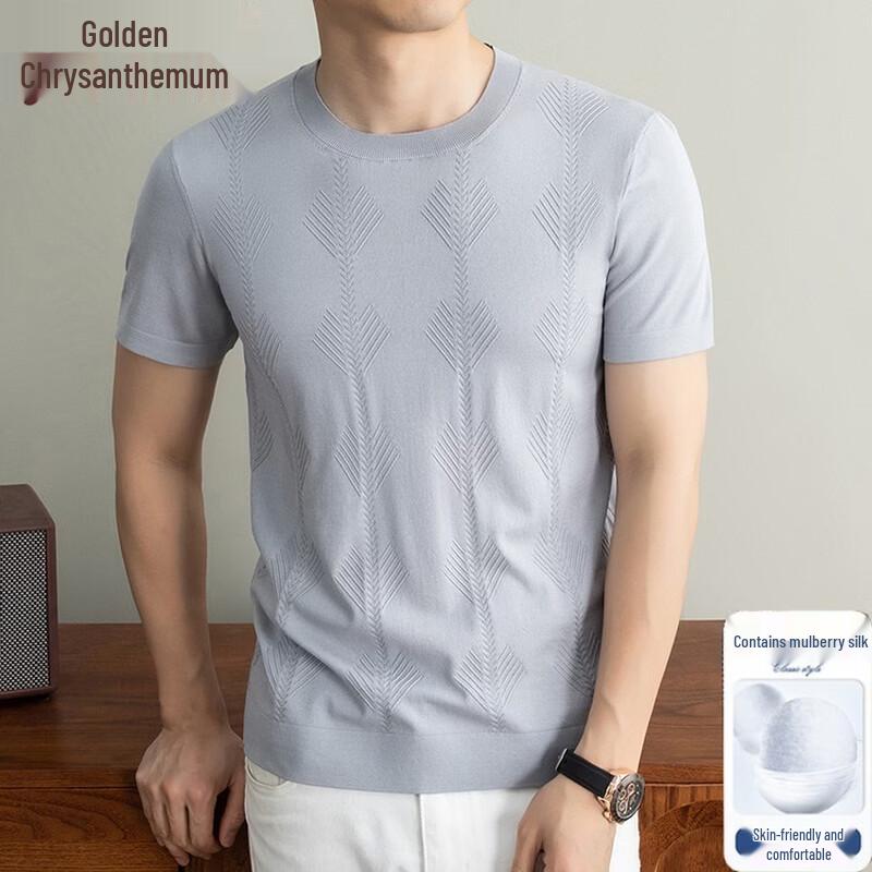 

JINJU Men s Silk Blend Knit Round Neck Short Sleeve T-Shirt 52/115