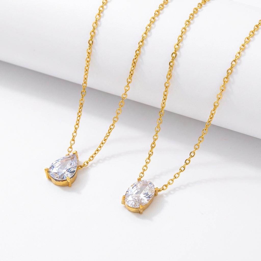 Stainless steel zircon oval circular water droplet pendant necklace with gold plating and color preservation