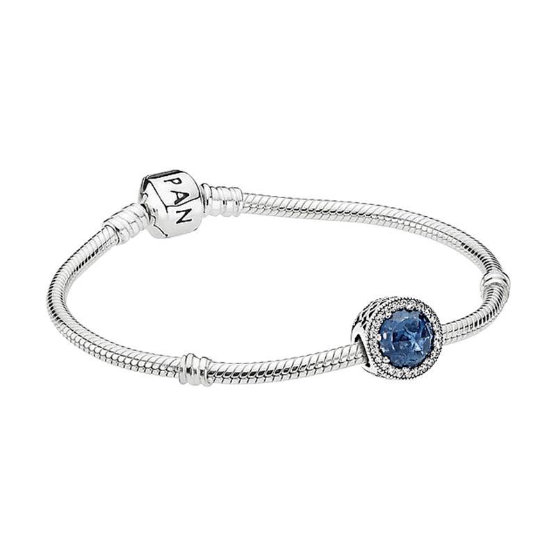 Pandora Blue Button Charm 925 Silver Bracelet Women s Silver/Blue ZT0095