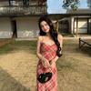 (Exclusive) French plaid suspender dress women's summer new temperament slim skirt V-neck lace