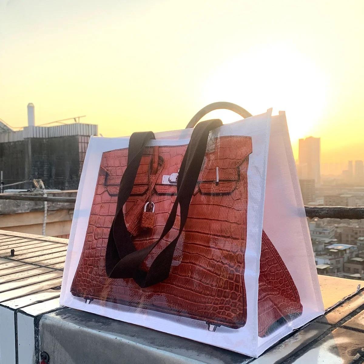 Treasure Bags Blogger's Parodie Creatieve Boodschappentassen Vrouwen Grote Capaciteit Print Handtas Boodschappentas Geweven Boodschappentas Grappige Tote Bags 41X31X21 CM bruin