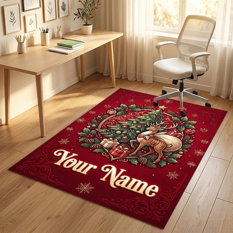 Christmas Theme Crystal Velvet Rug Personalized Custom Name Text Soft Floor Mat Home Decor