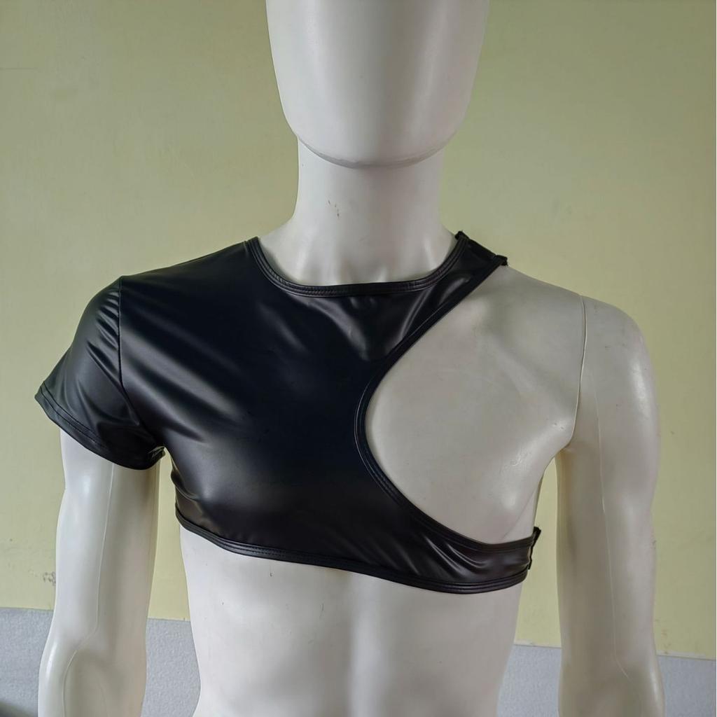 Top Erotico da Uomo Nero Rete Traforato Monospalla Senza Seno Manica Corta Pelle Verniciata Sexy Gilet