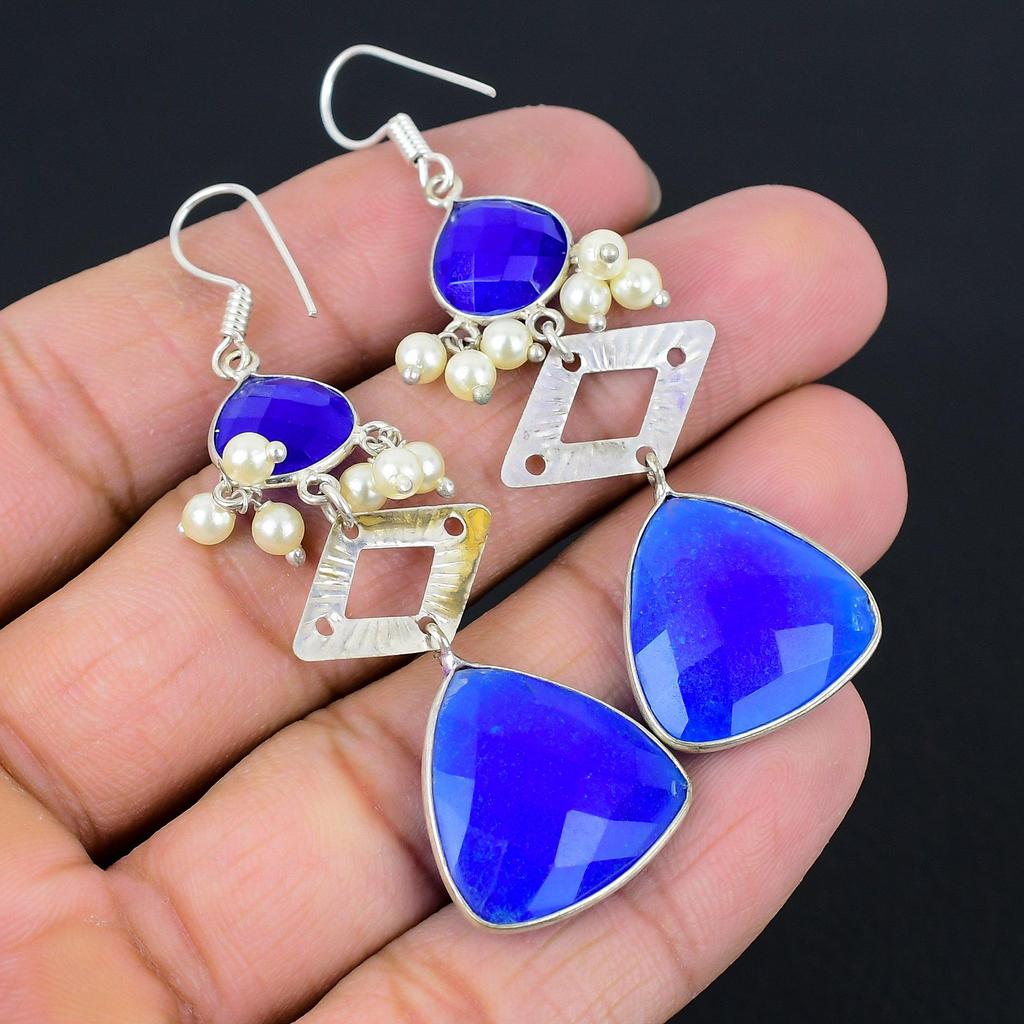925 Silver Trillion Blue Sapphire Gemstone Drop Hook Daughter Earrings Jewelry