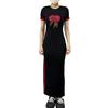 Women Dress Side Print Color Fit Round Matching Striped Slim Slit Rose Neck Short Sleeves Ankle Length