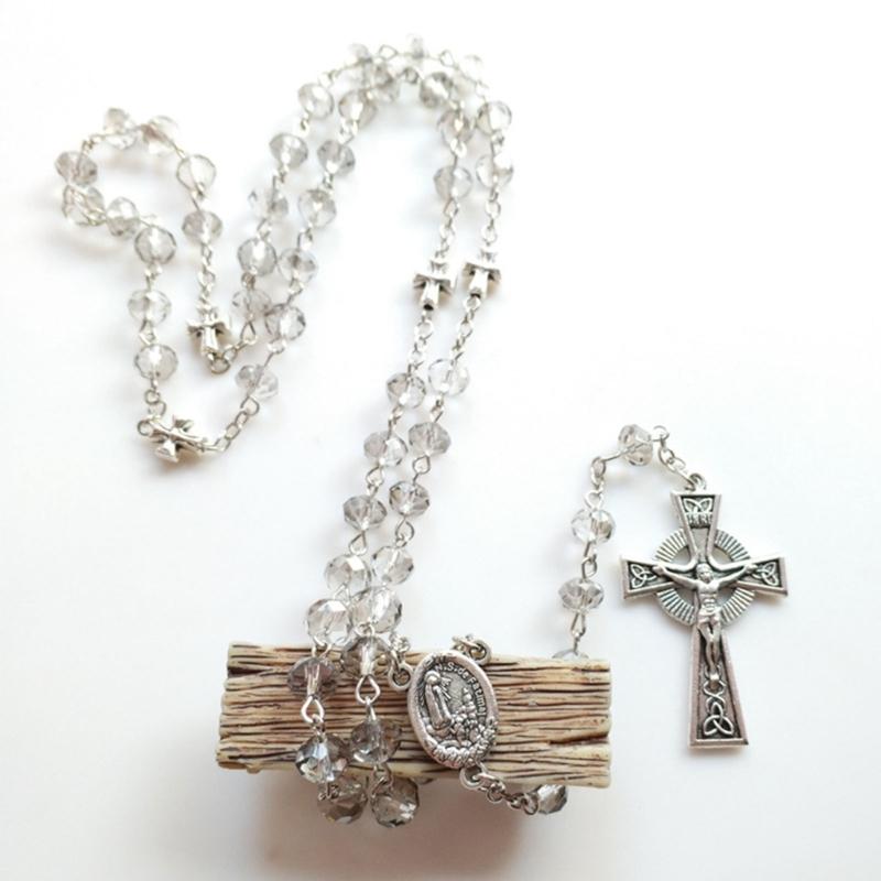 Gray Crystal Rosary Necklaces Catholic Crucifix Cross Pendant Long Necklaces Religious Jewelry for Women Men Gift