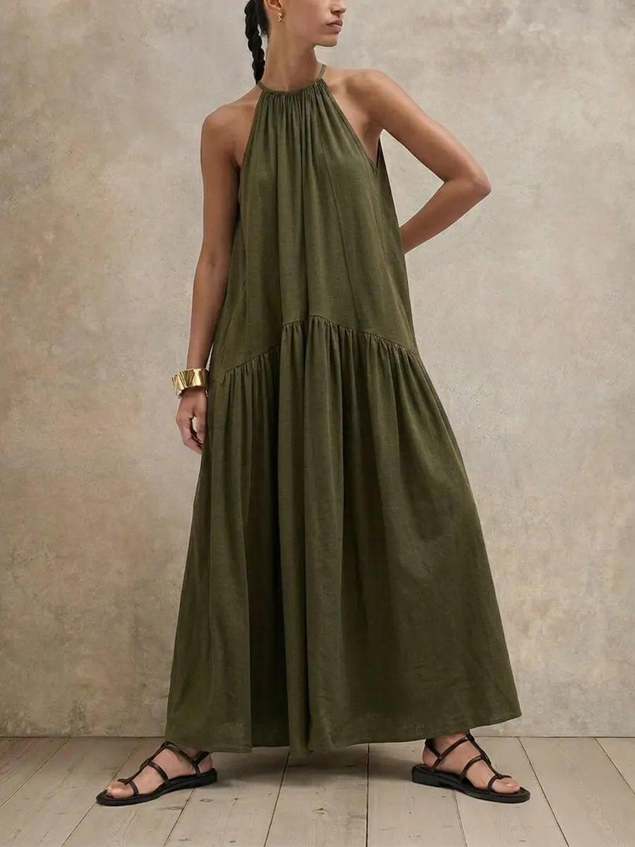 European and American style women s clothing popular solid color bohemian style sleeveless lace-up pleated casual dress women S