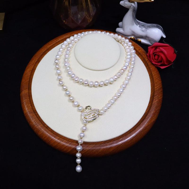 Zhuji Women s Freshwater Pearl Sweater Chain, 8-9mm Near Round Pearls with Slight Imperfections, Niche Style Versatile Jewelry. 8-9mm