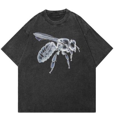Streetwear Honeybee Graphic Washed Black T-Shirt Cotton Unisex Tops Tees Summer Short Sleeves T Shirt