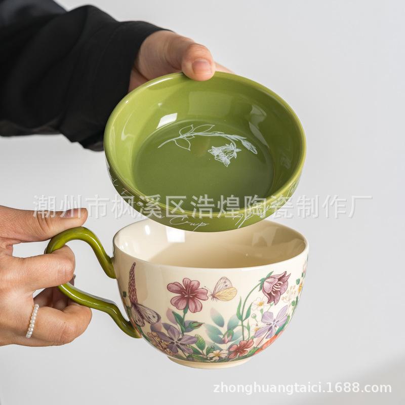 Ceramic Handle Cup With Spoon, Breakfast Cup, Oatmeal Bowl, Heated Milk, Flowering Coffee Cup, Saucer Bowl