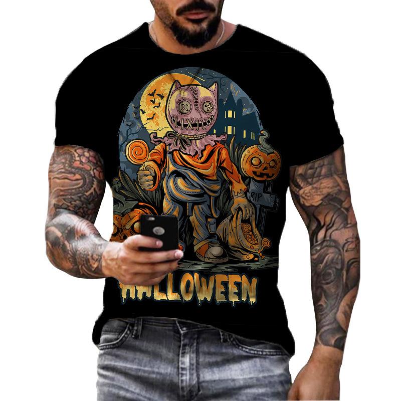 Summer Round Neck 3D Halloween Print Top Fashionable Casual Short Sleeved Men's T-shirts