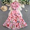 Summer Women Elegant Turn-down Collar Designer Print Long Midi Runway Party Shirt Dresses With Belt