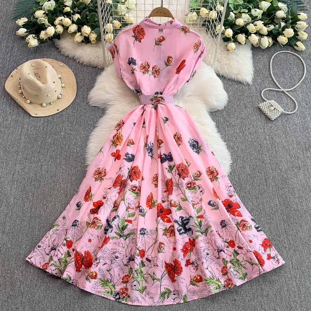Summer Women Elegant Turn-down Collar Designer Print Long Midi Runway Party Shirt Dresses With Belt