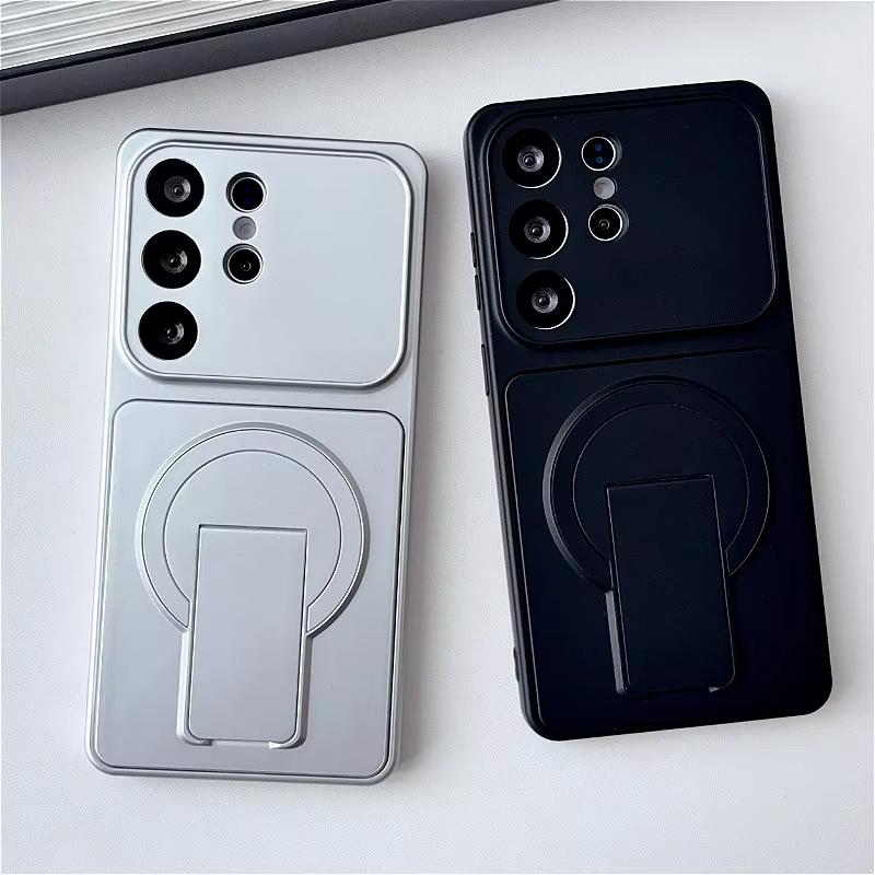 Solid Color Matte Folding Holder Phone Case For Samsung S26 Ultra S25 Plus S24 S23 FE Note 20For Magsafe Wireless Charger Cover
