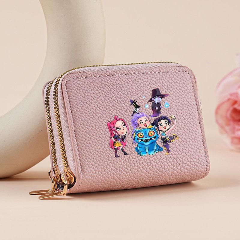 Kpop Hunter Witch Crew Classic Pebble Leather Coin Purse Short Accordion Wallet with Dual Zippers, Multi-Slot Card Holder