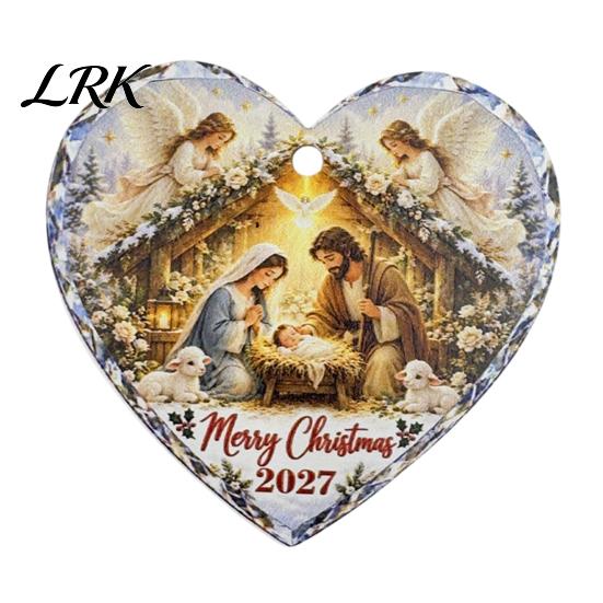 Christmas Fireplace Decorative Accents Wooden Nativity Hanging Ornament for Tree Decorations, Retro Religious Heart Shaped Pendants Scene Garland