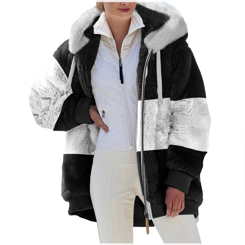 Dámská volná velká plyšová vícebarevná bunda na zip s kapucí