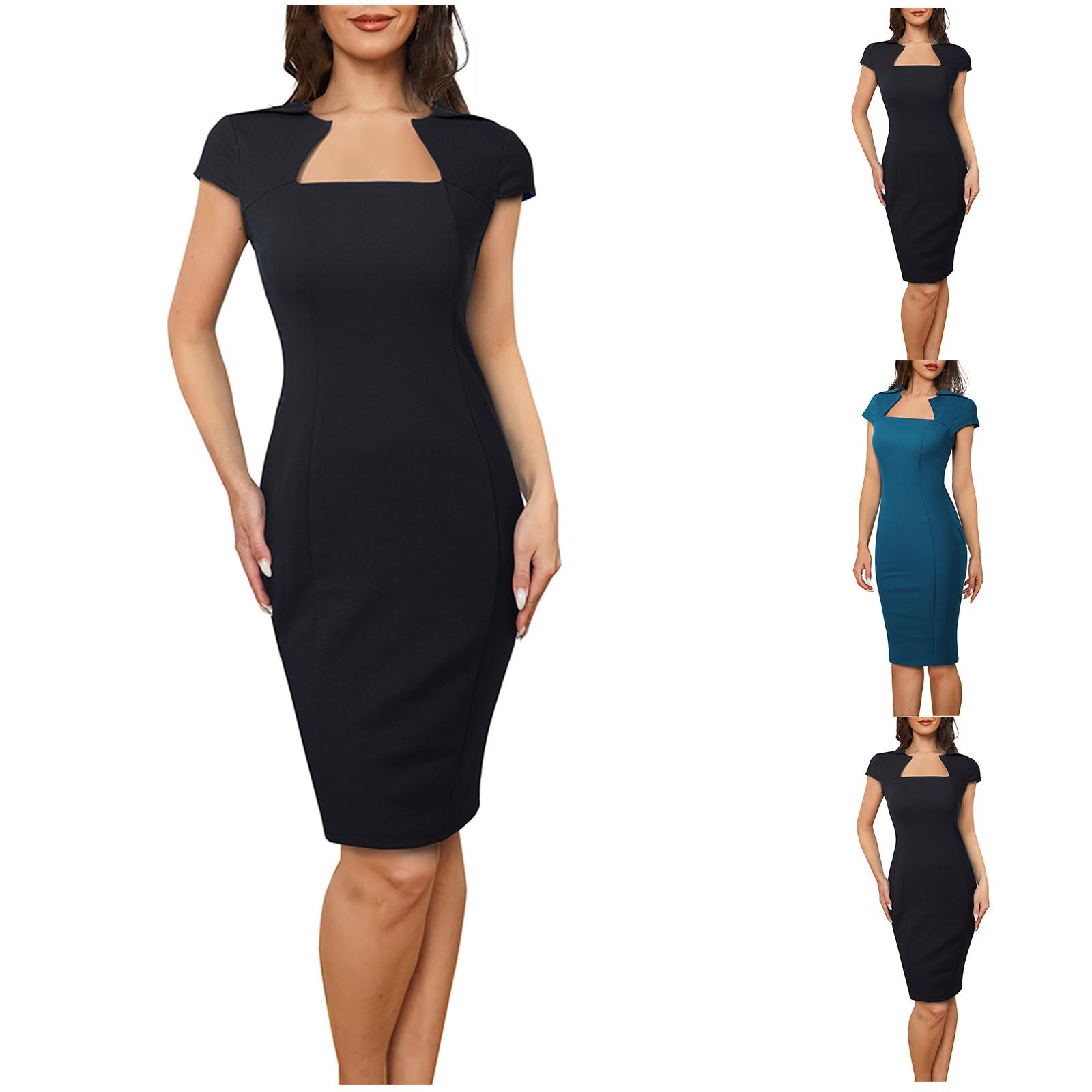 

Женское летнее однотонное платье с квадратным вырезом и застежкой-молнией со средней талией и запахом бедра с короткими рукавами