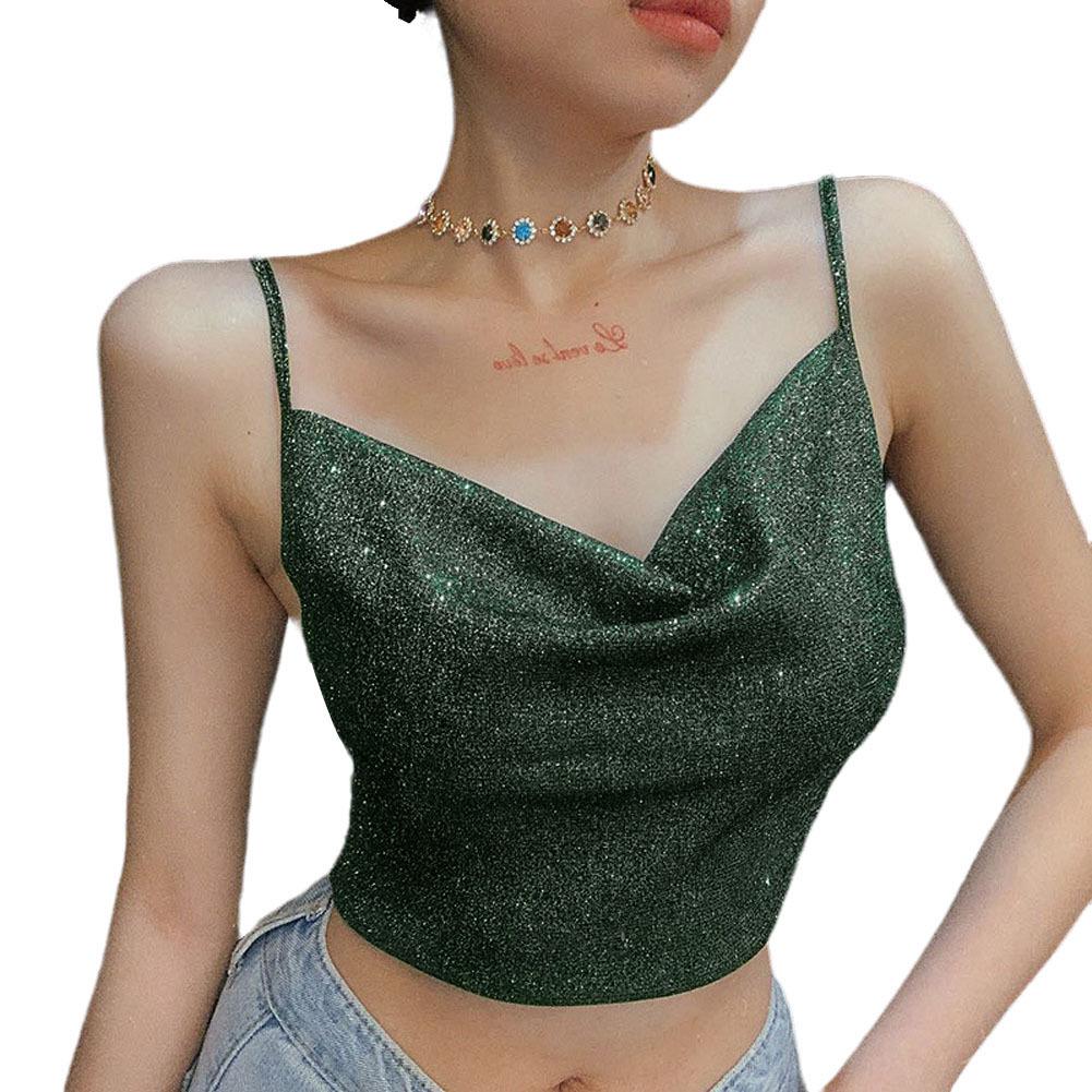 

Women s European & American Casual Sparkle Swing Neck Slim Vest Large темно-зеленого